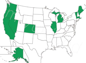 2020年1月、アメリカでマリファナに対して肯定的な州の地図